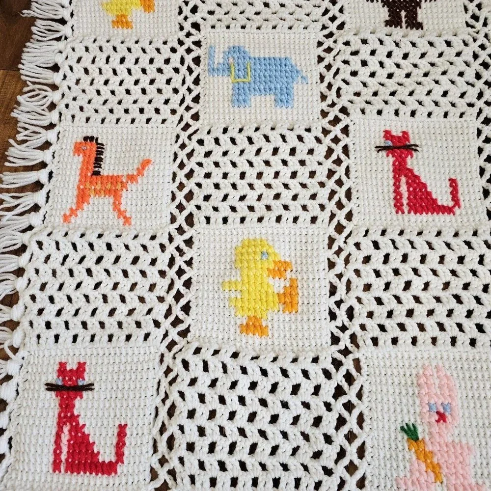 Vintage Crochet Afghan Baby‎ Blanket Bunny Cat Teddy Bear  37